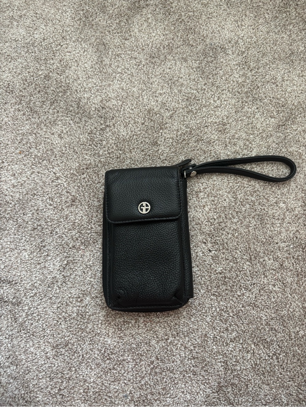 Giani Bernini Black Pebbled Leather Wristlet Phone Case with removable strap.